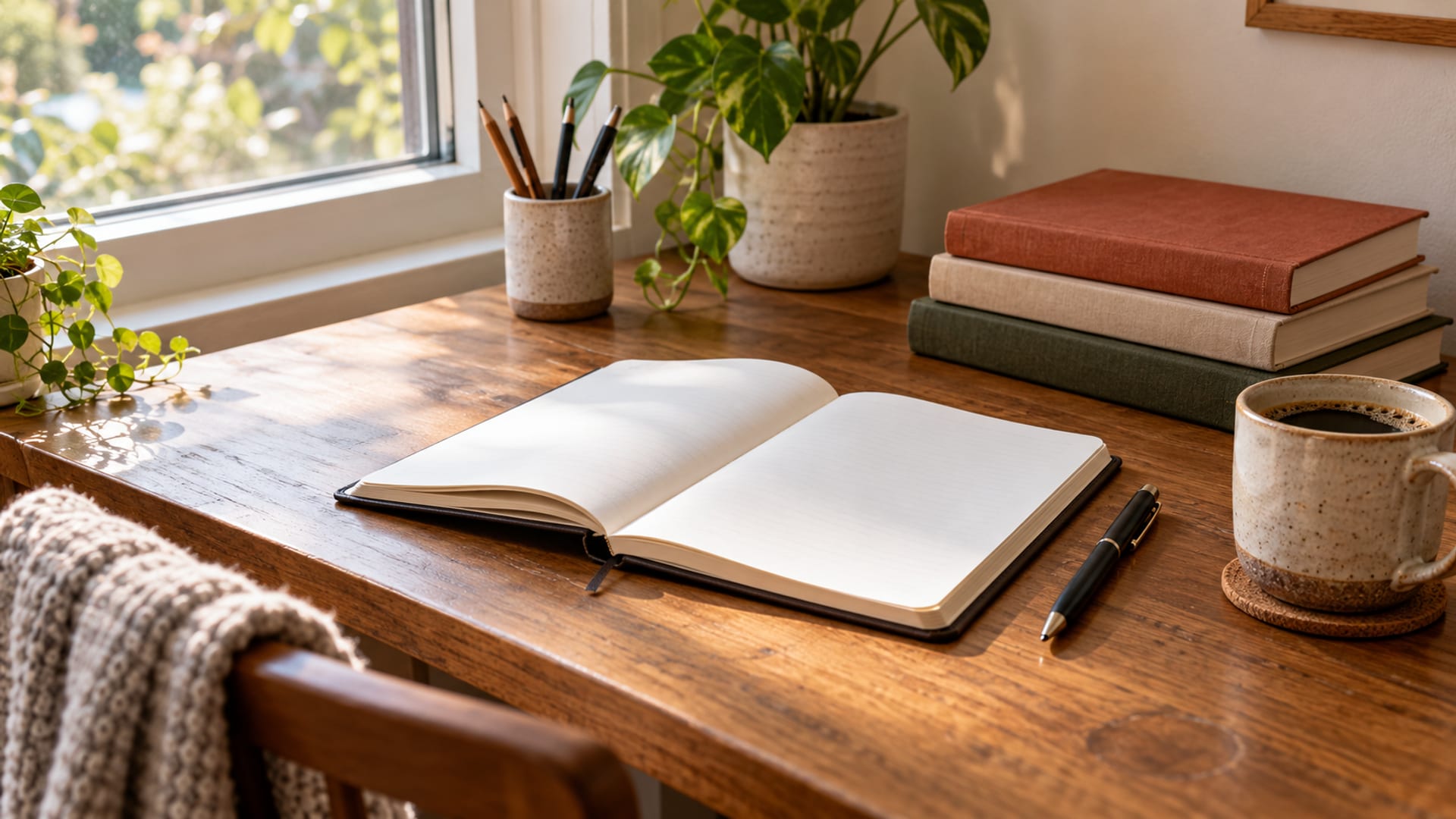 A desk by a window with an open notebook, a coffee and a stack of books