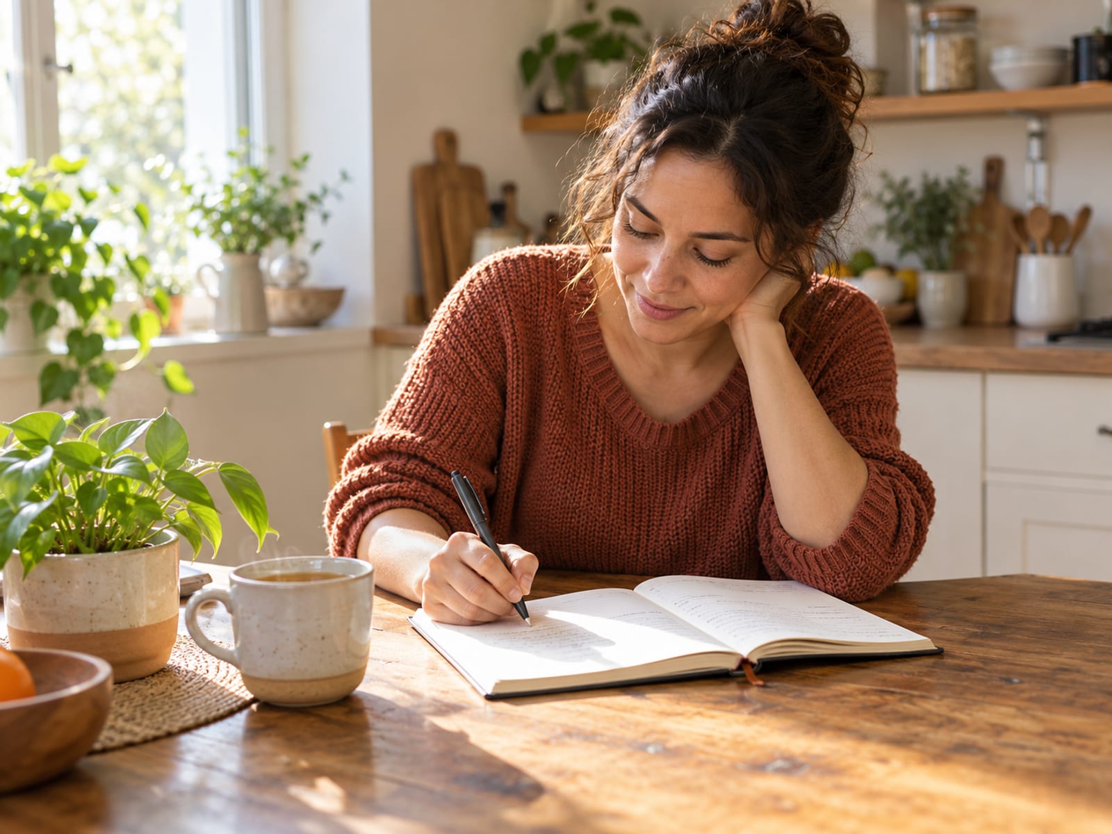 A woman writing a few lines in a notebook at a sunny kitchen table