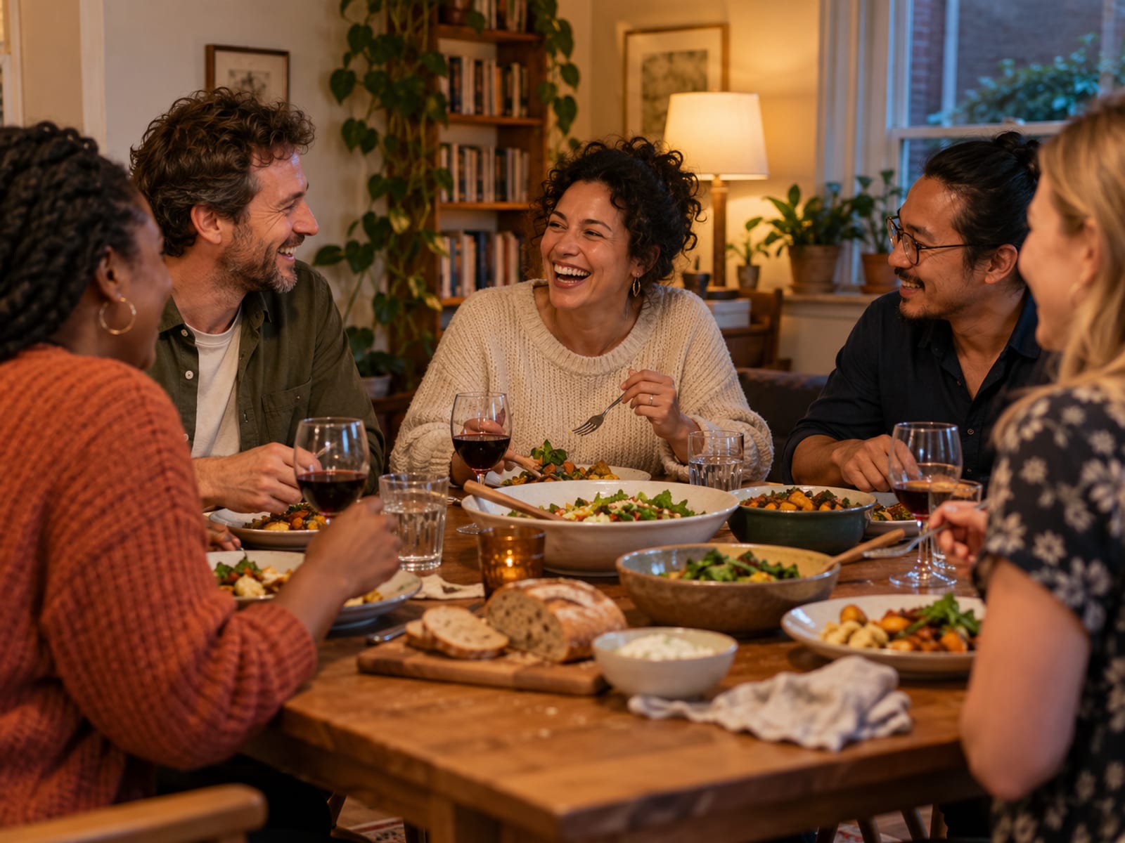 Friends sharing a simple dinner and laughing together at home
