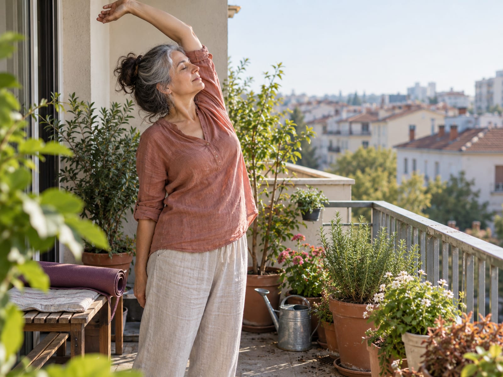 A woman stretching gently on a small balcony in the morning