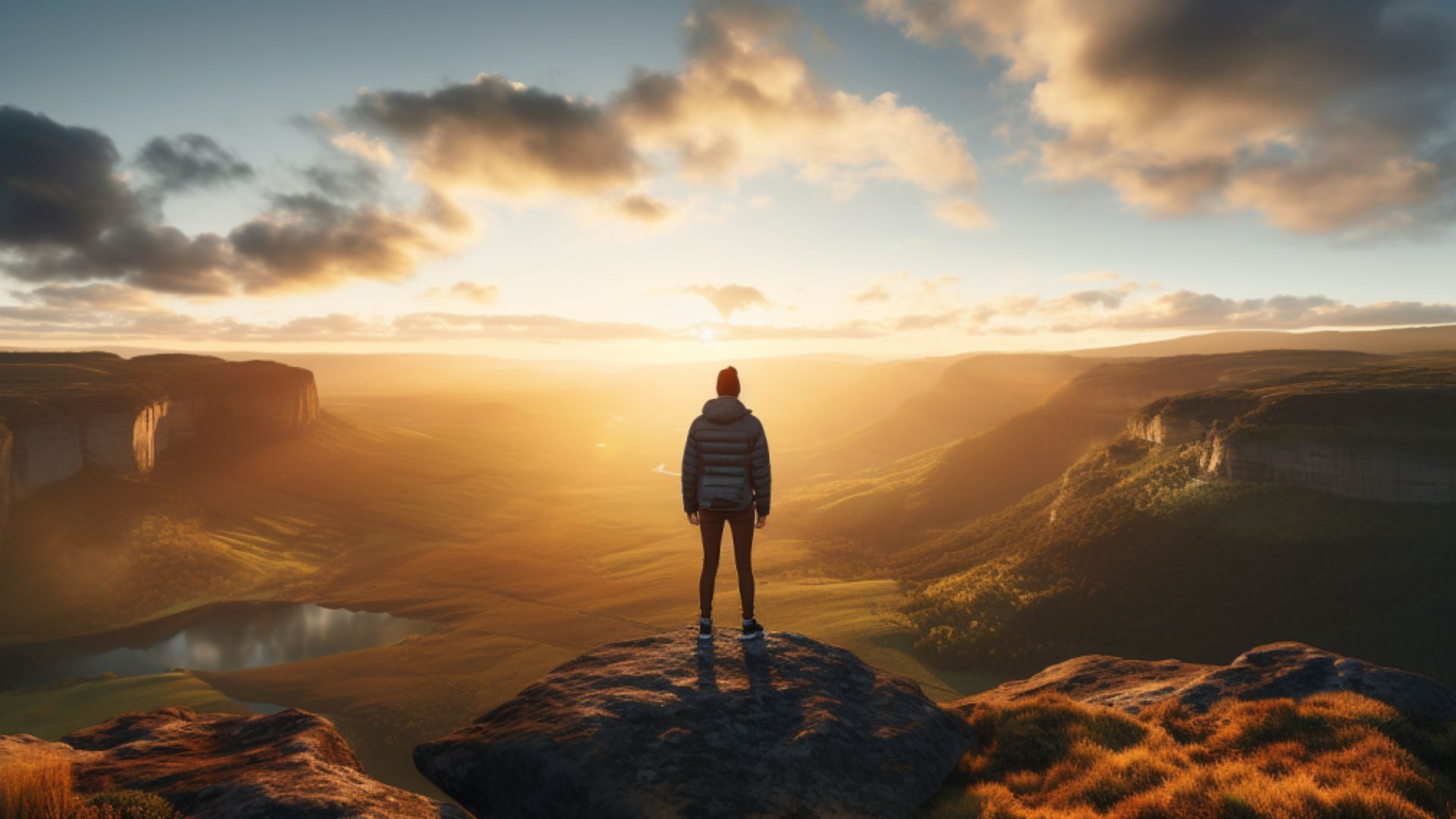 : A person standing on the edge of a cliff, overlooking a vast and awe-inspiring landscape, symbolizing the journey of self-discovery and personal growth, the scene bathed in soft golden light during sunset, evoking a sense of tranquility and inner peace.