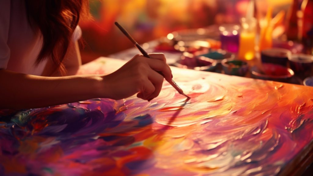 A close-up shot of a person's hands holding a paintbrush, delicately creating strokes on a canvas. The hands are filled with passion and precision, showcasing the dedication and love for art.
