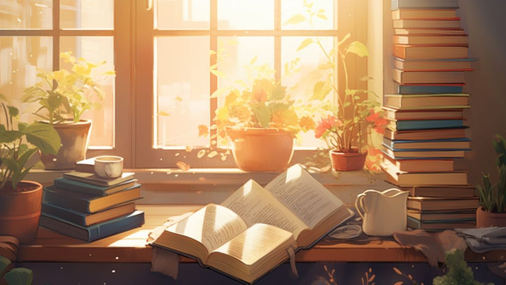 A visually appealing scene depicting the concept of self-development and personal growth, with a person surrounded by a diverse collection of books, each representing a different learning resource.