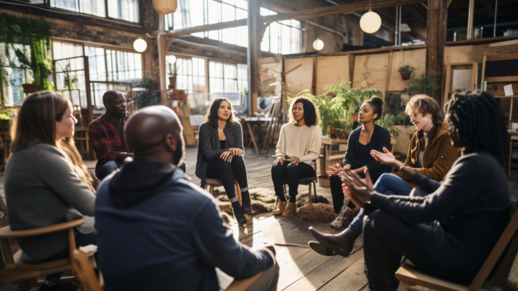 A group of diverse individuals engaged in a personal development workshop, sitting in a circle, sharing their experiences and insights, their faces reflecting determination and growth, captured in a documentary-style talking about the benefits of personal development.
